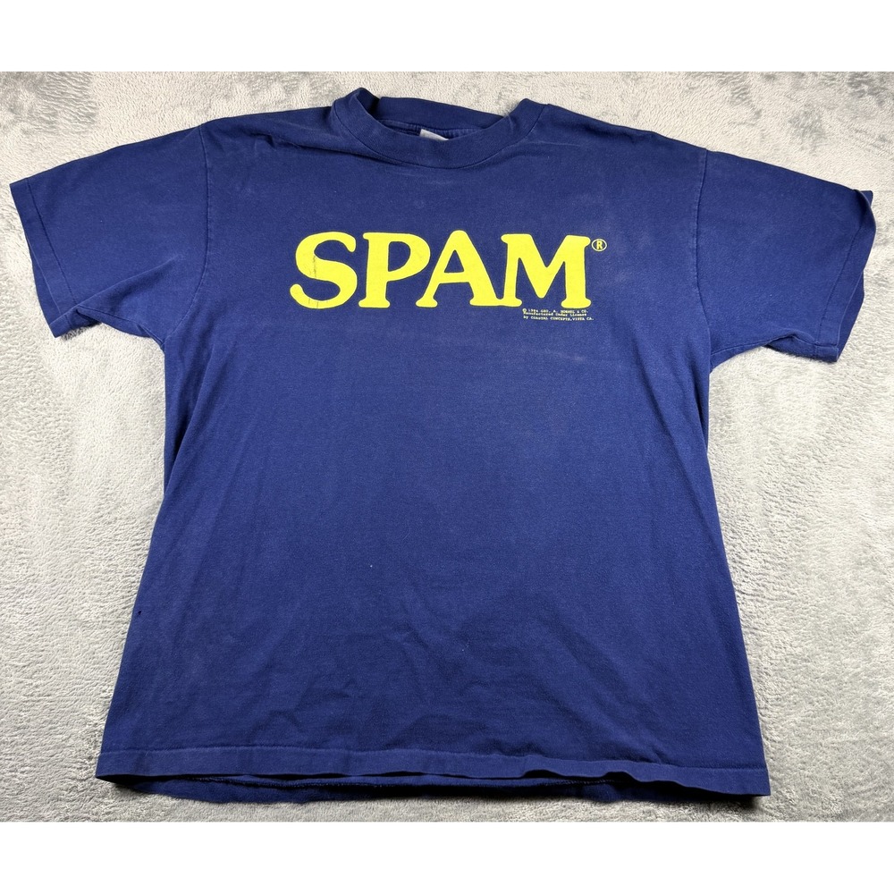 Vtg 90s SPAM T Shirt Mens L Blue Yellow Logo Hanes Beefy-T USA Cotton
